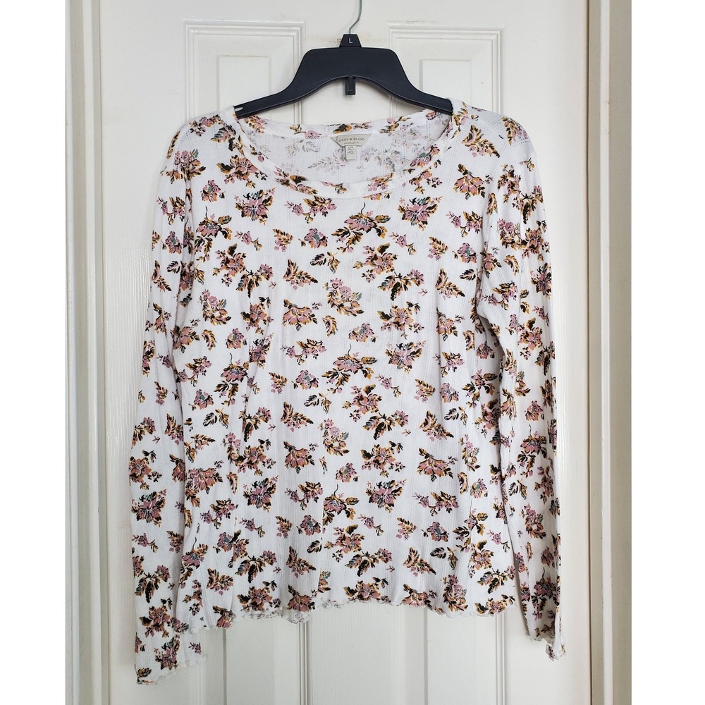Lucky Brand Floral Lettuce Hem Cotton Top White Long Sleeve Cottagecore Basic Lg